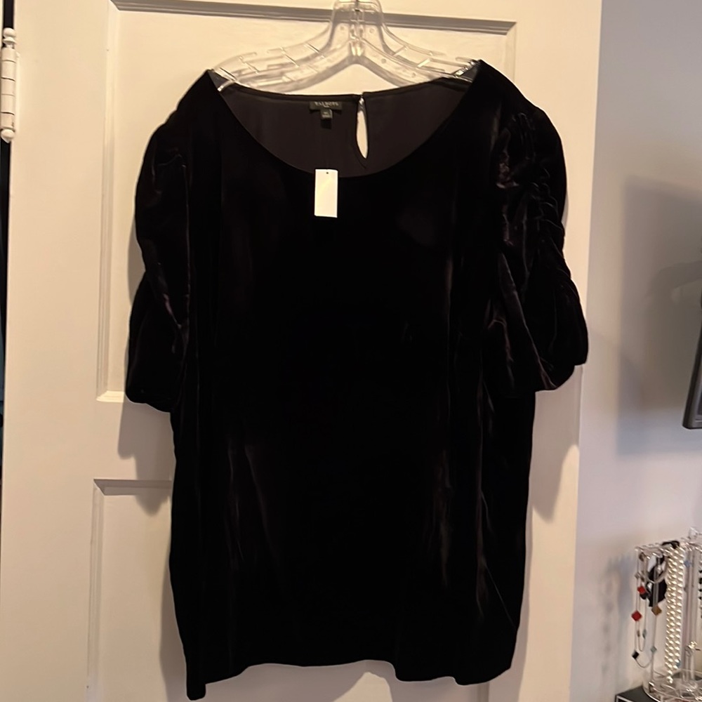 NWT Talbots Gorgeous Black Velvet Blouse Rusched Short Sleeves Button Back